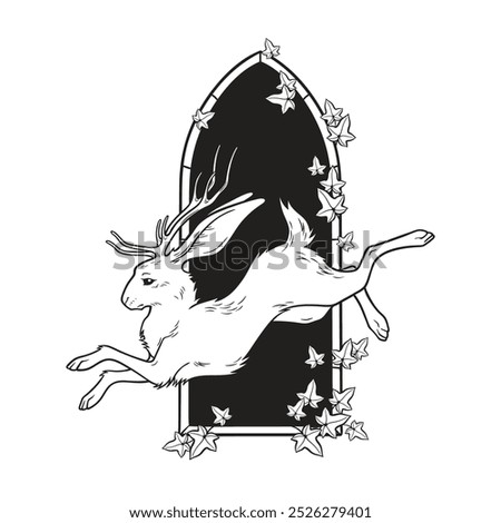 Jackalope hare with horns folklore magic animal over gothic arch with poison ivy hand drawn line art gothic tattoo design isolated vector illustration