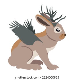 Jackalope. Hase mit Hörnern und Flügeln. Wildes mystisches Tier. Dunkler Wald. Nordamerikanische Folklore. Vektorgrafik.