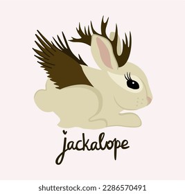 Jackalope. Hare with horns and wings. Wild mystical animal. Dark forest. North American folklore. Vector illustration.
