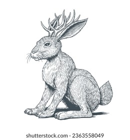 Jackalope, Jackkaninchen oder Wolpertinger sind mit Hörnern einzeln auf weißem Hintergrund. Folklore-Zaubertier-Gravur oder -Ätzstil, handgezeichnet, schwarz-weiß, Vektorgrafik