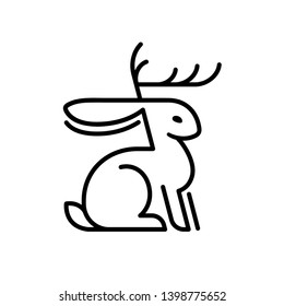 Jackalope rabbit minimal line logo. Mythical animal from American folklore, hare with antelope antlers. Isolated vector illustration.