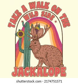  jackalope Typografie Vektordesign für Druck. Kakteen mit Sonnenblume Sunset .T-Shirt oder Poster Design der wilden Seite. Illustration von Jackalope Design. 