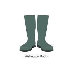 Jackboot Green Wellington Boots Flat Vector Illustartion. Cartoon Style Fishing Non-slip Waterproof High Rain Shoes Wading Worker's Shoes Vector Icon Isolated On White Background