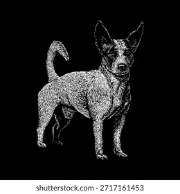 Jack-Chi mezcla perro de raza, combinando el carácter juguetón de un Jack Russell Terrier con el encanto de un Chihuahua, renderizado en estilo de arte de línea limpia ideal para impresiones, logotipos, y proyectos de diseño de stock.