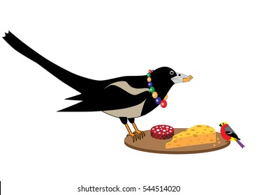 jackdaw and titmouse eat cheese on a table