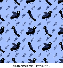 Jackdaws on a blue background.Bird pattern for postcards, decor, textiles, fabric, background, wallpaper, packaging paper.
