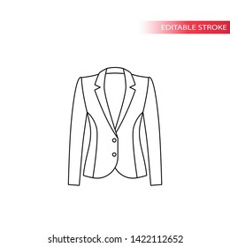 Jacket or blazer for ladies, formal design thin line drawing. Female jacket, traditional style, editable outline.