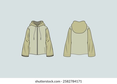 A jacket with a built-in hood. It's a cozy, versatile style, often a mix between a sweatshirt and a jacket, perfect for layering or casual outings.