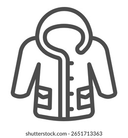 Jaqueta com botões e ícone da linha do capô, conceito de roupa de outono. Gráficos vetoriais. Casaco com capuz de cabeça para homens, sinal de roupas no fundo branco, ícone de estilo de contorno para design móvel ou web