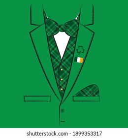 Jacket with a checkered vest and bow tie.  Print for t shirt. St Patrick's day vector illustration.