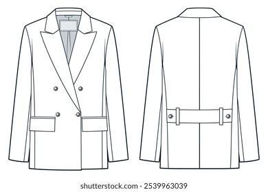 Jacket Coat technical fashion illustration. Double breasted Coat fashion flat technical drawing template, front and back view, white, women, men, unisex Outerwear CAD mockup.