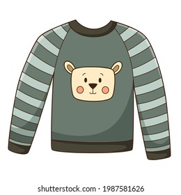 Jacket with a cute bear. Warm sweater, pajamas. Autumn clothing. Design element with outline. Autumn theme. Doodle, hand-drawn. Flat design. Color vector illustration. Isolated on a white background