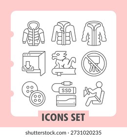 Chaqueta, carpeta de Descargas, Botones conjunto de iconos simples que representan la oficina, la tecnología y los artículos del hogar en estilo de contorno para App e imprimir sobre fondo blanco. Conjunto de nueve iconos de línea delgada