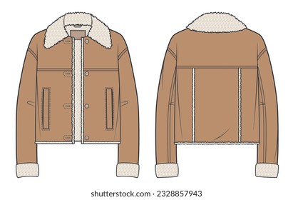  Jacket mit Faux Fur technische Modegrafik. Sheepskin Coat, Leder Bomber Mode Flach technische Zeichnung Vorlage, Tasche, Knopf, Vorder- und Rückseite, braun, Frauen, Männer, unisex CAD-Modell nach oben 