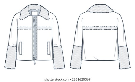 Jacket with Faux Fur technical fashion illustration. Coat, Leather Bomber fashion flat technical drawing template, pocket, zipper, front and back view, white, women, men, unisex CAD mockup.