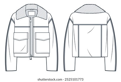 Jaqueta com colarinho de pele Fayx moda técnica Ilustração. Modelo de desenho técnico plano de moda jaqueta de couro, zíper frontal, bolsos, visão frontal e traseira, branco, mulheres, homens, maquete CAD unisex.