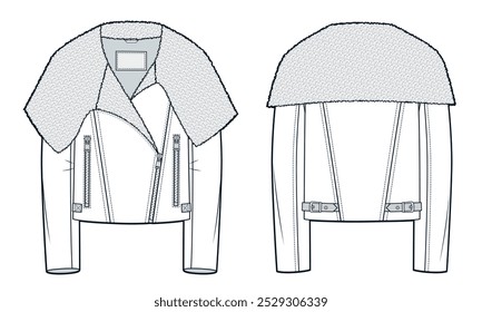 Jacke mit Fayx Pelz Kragen technische Mode Illustration. Leder Bomber Jacke Mode flach technische Zeichnung Vorlage, Reißverschluss, Taschen, Vorder-und Rückansicht, weiß, Frauen, Männer, Unisex CAD mockup.