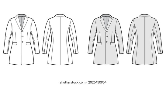 Jacket fitted Blazer structured suit technical fashion illustration with single breasted, long sleeves, flap pockets, fingertip length. Flat coat template front, back, white, grey color. Women men CAD