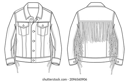 jacket with fringe, tassels, spike, studs embellishment and trim details long sleeve leather jacket fashion flat sketch vector illustration front and back view template CAD mockup