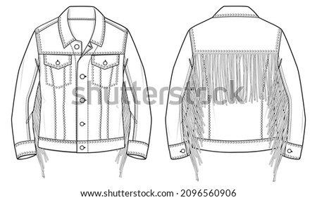 jacket with fringe, tassels, spike, studs embellishment and trim details long sleeve leather jacket fashion flat sketch vector illustration front and back view template CAD mockup Foto d'archivio © 