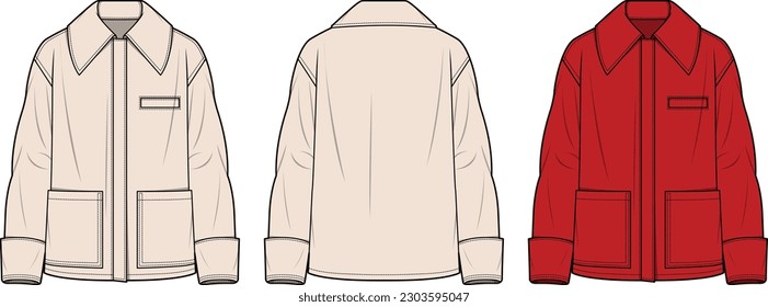 Jacket front and back flat sketch technical drawing vector illustration template