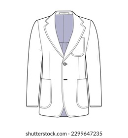 Jacket front view fashion flat sketch for Tech Pack. Official look blazer, classic suit, CAD drawing, black and white, vector graphics for garment production apparel brand, menswear