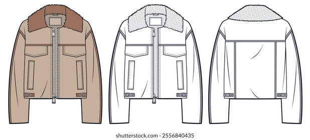 Jacket with Fur collar technical fashion Illustration. Leather Jacket fashion flat technical drawing template, zipper, pockets, front, back view, white, mocha, women, men, unisex Coat CAD mockup set.