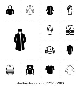 Jacket icon. collection of 13 jacket filled and outline icons such as overcoat, life vest, bulletproof vest. editable jacket icons for web and mobile.