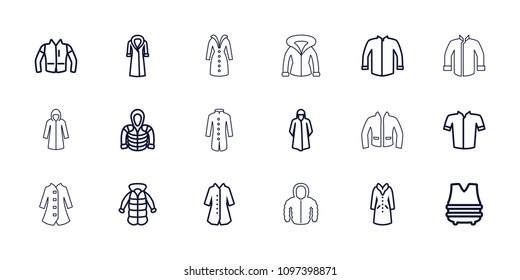 Jacket icon. collection of 18 jacket outline icons such as overcoat, hoodie. editable jacket icons for web and mobile.