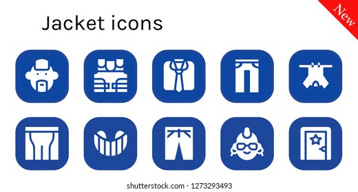  jacket icon set. 10 filled jacket icons. Simple modern icons about  - Punk, Bulletproof vest, Clothes, Jeans, Pants, Gum shield, Trousers, Dressing room
