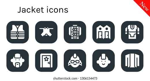 jacket icon set. 10 filled jacket icons.  Simple modern icons about  - Lifejacket, Clothes, Jacket, Dressing room, Tunic, Punk, Cardigan