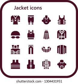jacket icon set. 16 filled jacket icons.  Simple modern icons about  - Clothes, Pants, Punk, Bulletproof, Goggles, Skirt, Coat, Bulletproof vest, Jeans, Gum shield, Cardigan, Sleeveless shirt