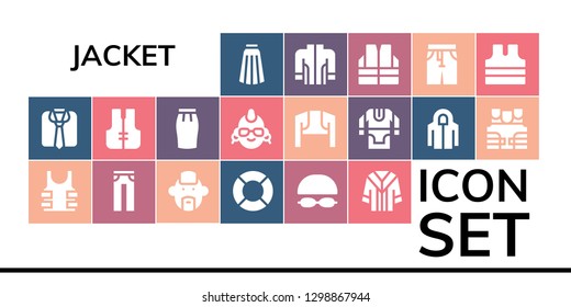  jacket icon set. 19 filled jacket icons. Simple modern icons about  - Skirt, Clothes, Bulletproof, Jeans, Punk, Lifeguard, Goggles, Uniform, Lifejacket, Bolero, Tunic, Hoodie