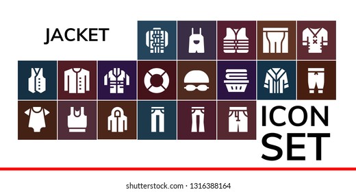 jacket icon set. 19 filled jacket icons.  Collection Of - Jacket, Vest, Baby clothes, Clothes, Hoodie, Jeans, Pants, Cardigan, Lifeguard, Goggles, Uniform, Overall, Lifejacket