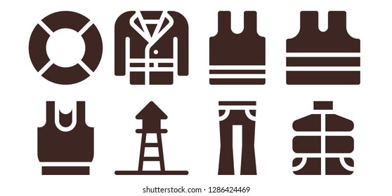  jacket icon set. 8 filled jacket icons. Simple modern icons about  - Clothes, Lifeguard, Coat, Jeans, Sleeveless, Vest, Sleeveless shirt