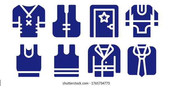 jacket icon set. 8 filled jacket icons. Included Clothes, Sleeveless, Lifejacket, Coat, Dressing room, Tunic icons