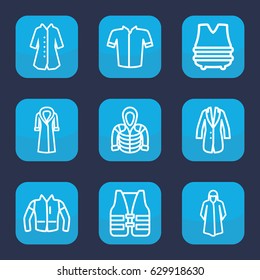 Jacket icon. set of 9 outline jacket icons such as overcoat, jacket, hoodie, life vest
