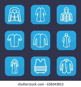 Jacket icon. set of 9 outline jacket icons such as overcoat, jacket, hoodie