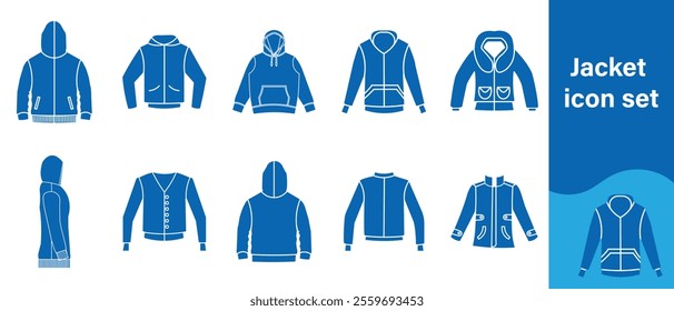 Jacket icon set, clothing, white, casual, logo, sweatshirt, sweater, jumper, hoodie, hoody, background, comfortable, silhouette, outerwear, clothes, puffer, life, thin, jacket, black and more.