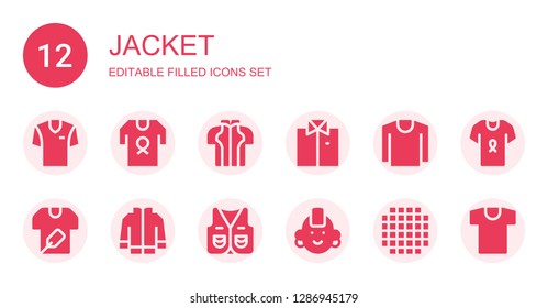 jacket icon set. Collection of 12 filled jacket icons included Shirt, Clothes, Jacket, Vest, Punk, Cloth