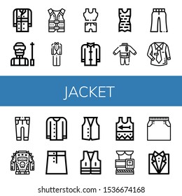 jacket icon set. Collection of Trench coat, Ski, Life jacket, Tuxedo, Clothes, Coat, Trousers, Uniform, Jacket, Cardigan, Skirt, Vest, Singlet, Slimming belt icons