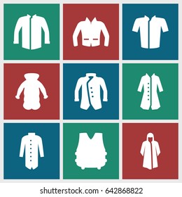 Jacket icons set. set of 9 jacket filled icons such as overcoat, jacket