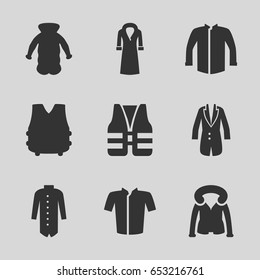 Jacket icons set. set of 9 jacket filled icons such as jacket, overcoat, life vest