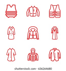 Jacket icons set. set of 9 jacket outline icons such as jacket, hoodie, overcoat, life vest