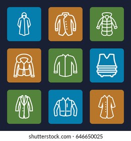 Jacket icons set. set of 9 jacket outline icons such as overcoat, jacket