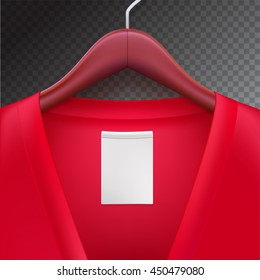 Jacket mit Etikett, das an einem Hänger hängt. Kleiderbügel mit roter Jacke auf transparentem Hintergrund. Die Vorlage für Ihre Design- oder Werbebotschaften.