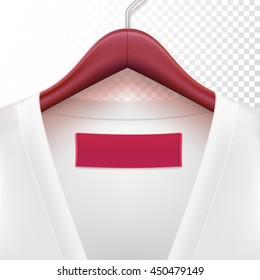 Jacket with label hanging on a hanger. Clothes hanger with red jacket on trasparent background. The template for your design or advertising messages.