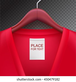 Jacket with label hanging on a hanger. Clothes hanger with red jacket on trasparent background. The template for your design or advertising messages.
