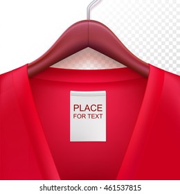 Jacket with label hanging on a hanger. Clothes hanger with red jacket on trasparent background. The template for your design or advertising messages.