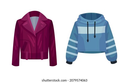 Jacket with Long Sleeve and Blue Hoodie Vector Set